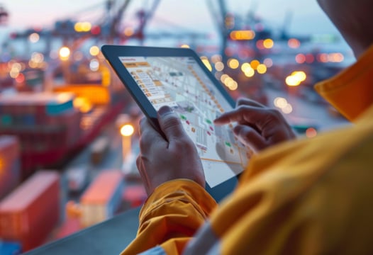 Tecnólogo en logística con tableta, gestiona rutas y operaciones en puerto.