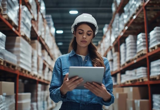 Mujer con casco en bodega revisa inventario en tableta, gestión logística y control de almacenamiento.
