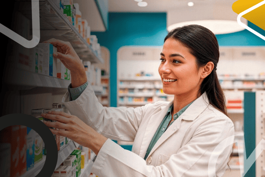 Joven estudiante de servicios farmacéuticos apoyando procesos de dispensación y atención al usuario.