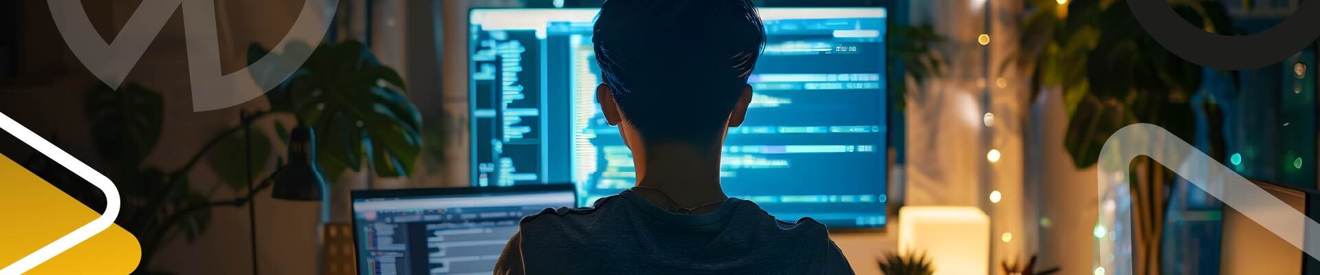 Estudiante de codificación de software trabajando en programación y desarrollo de aplicaciones desde un computador.