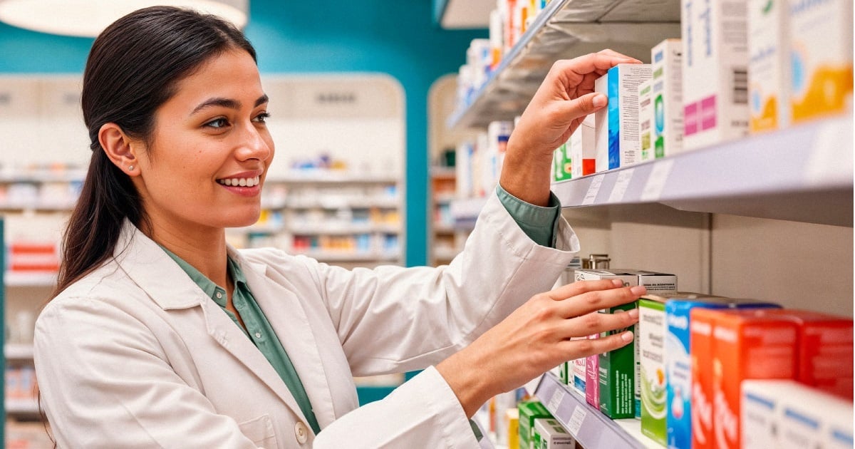 Estudiante de Regencia de Farmacia organizando medicamentos en una farmacia